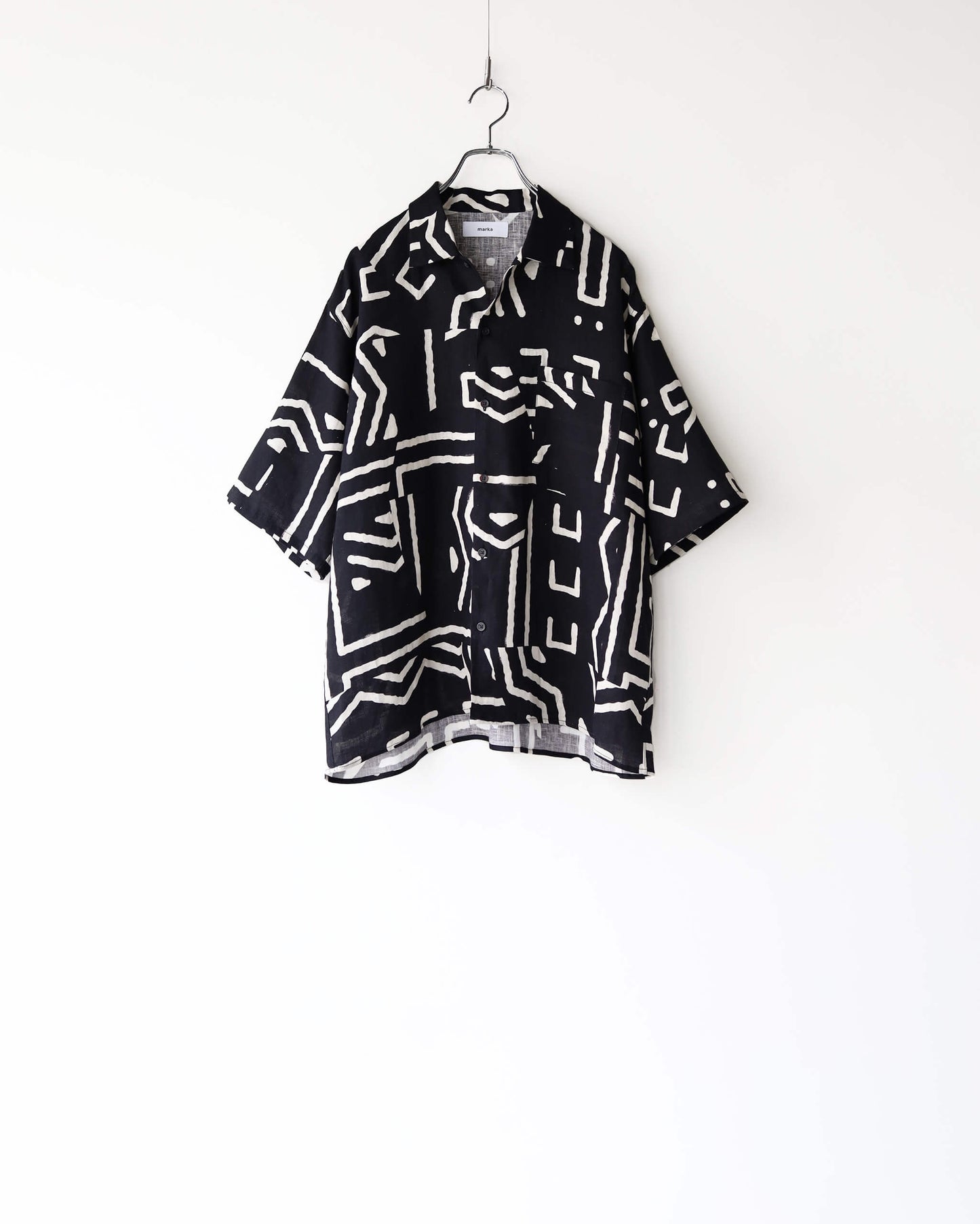 OPEN COLLAR S/S SHIRT LINEN TROPICAL "BLACK×IVORY"