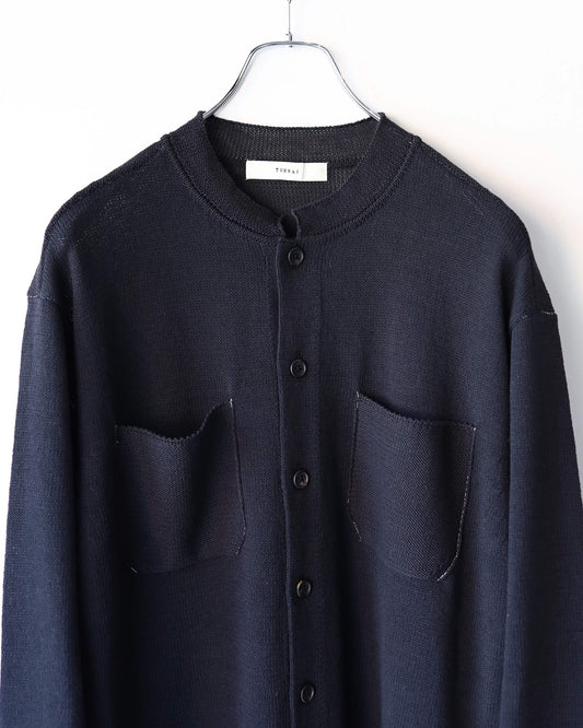 ROUGH COTTON LINEN / BAND COLLAR CARDIGAN "BLACK"