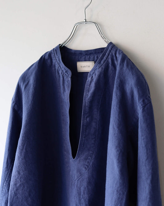 HEAVY LINEN CANVAS STAND COLLAR SKIPPER SHIRT "INK BLUE"