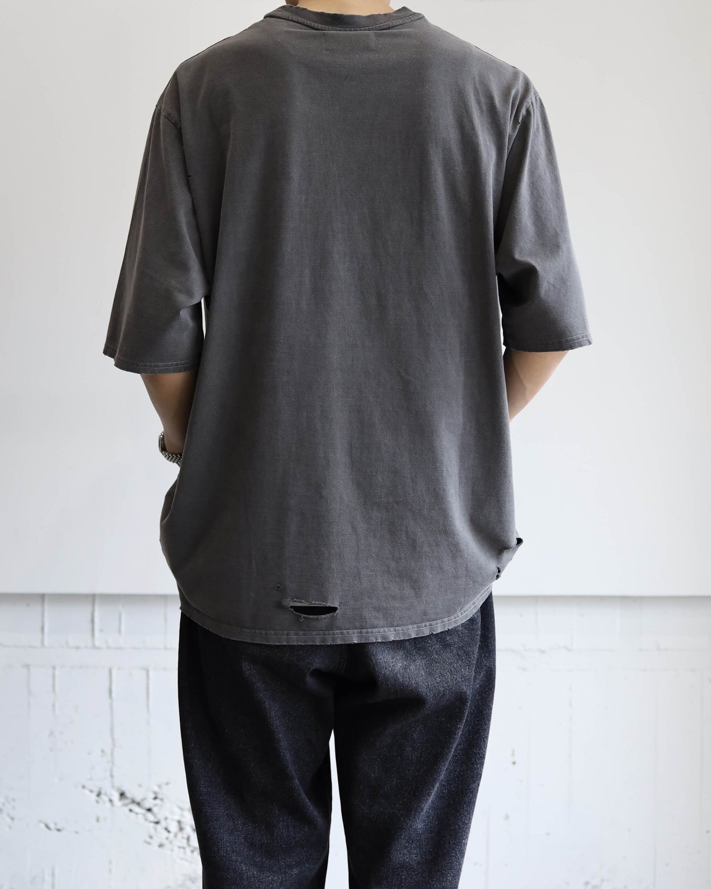 CREW NECK DAMAGED TEE 40/2 ORGANIC COTTON KNIT "BLACK"