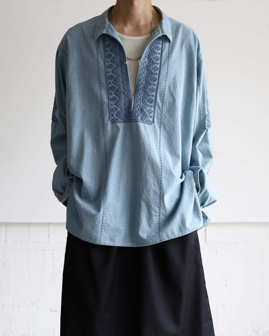 COTTON CHAMBRAY EMBROIDERY SKIPPER SHIRT "WASHED INDIGO"
