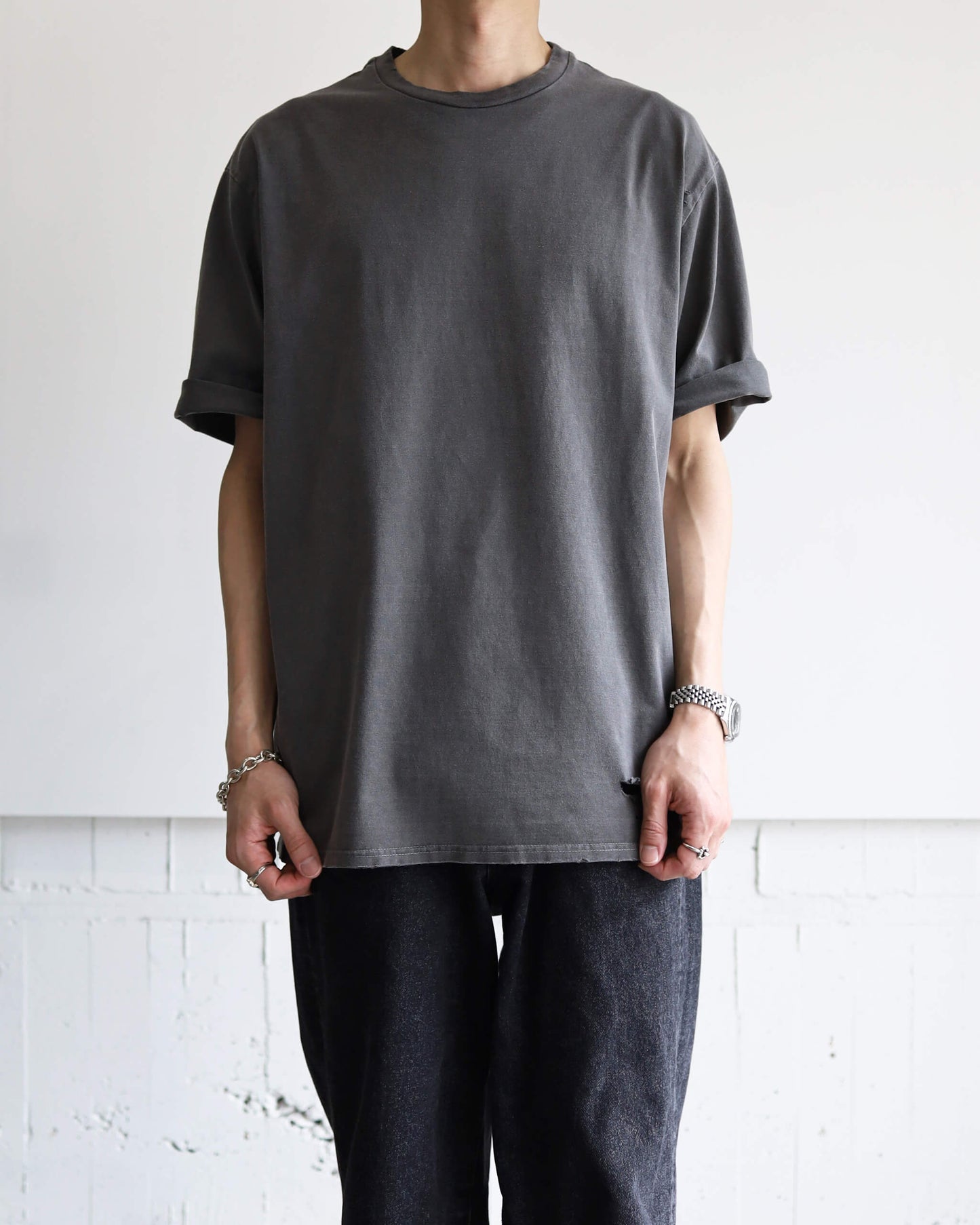CREW NECK DAMAGED TEE 40/2 ORGANIC COTTON KNIT "BLACK"