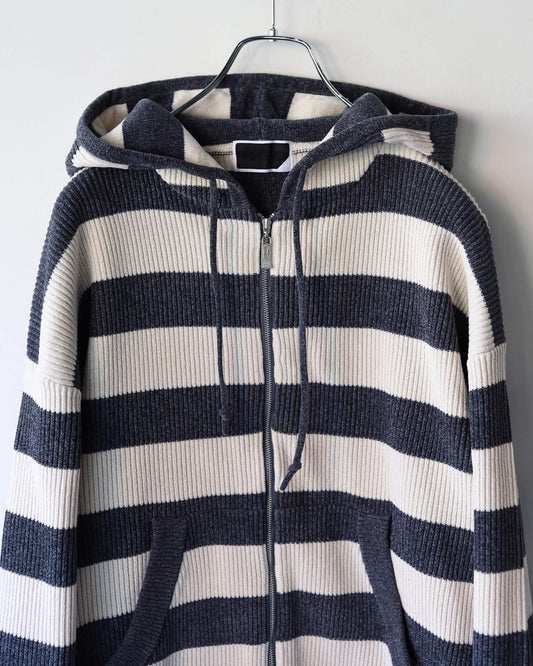 CORDY KNIT ZIP HOODIE STRIPE "WHITE × CHARCOAL"