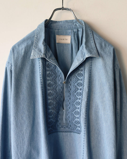 COTTON CHAMBRAY EMBROIDERY SKIPPER SHIRT "WASHED INDIGO"