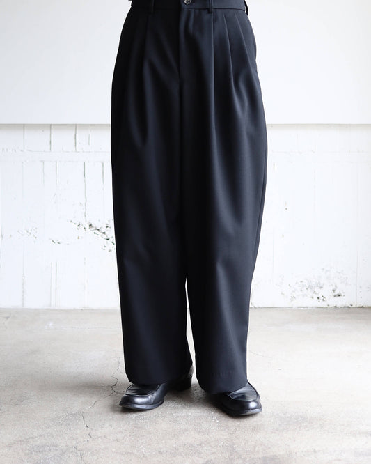 TRIPLE PLEATED WIDE TROUSERS ORGANIC WOOL SURVIVAL CLOTH®︎ "BLACK"