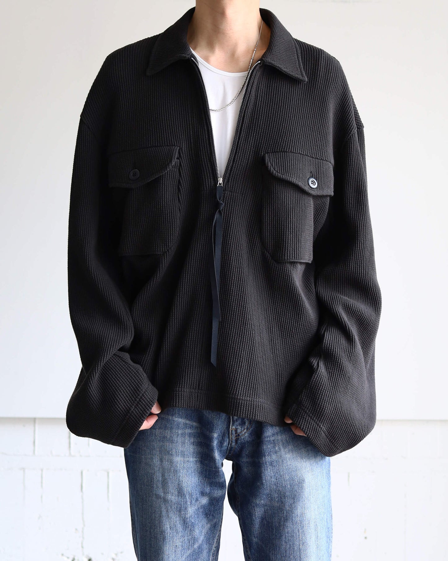WAFFLE POLO SHIRT "Bk"