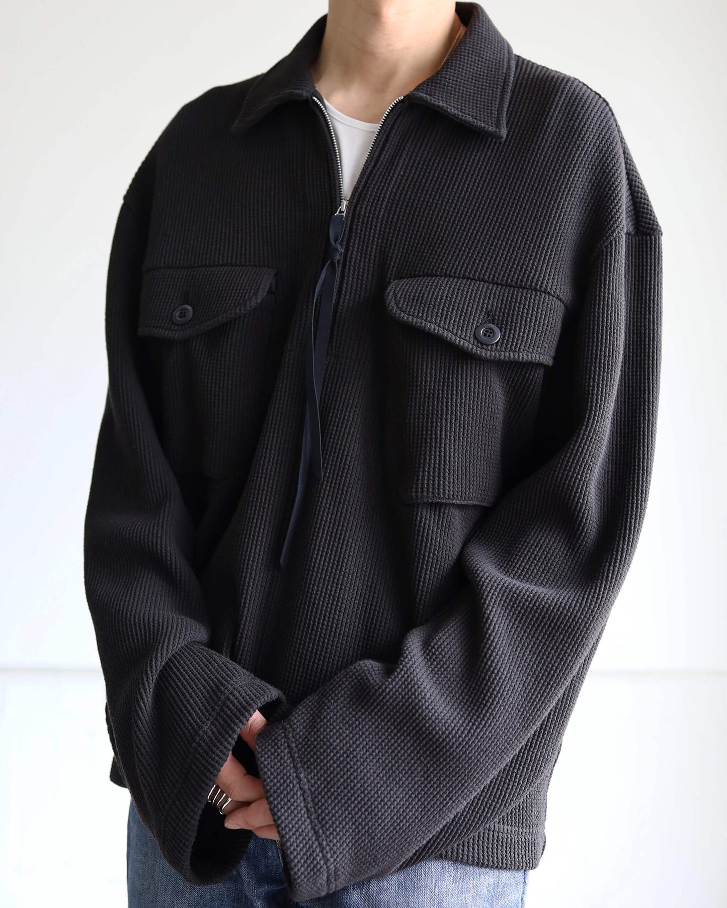 WAFFLE POLO SHIRT "Bk"