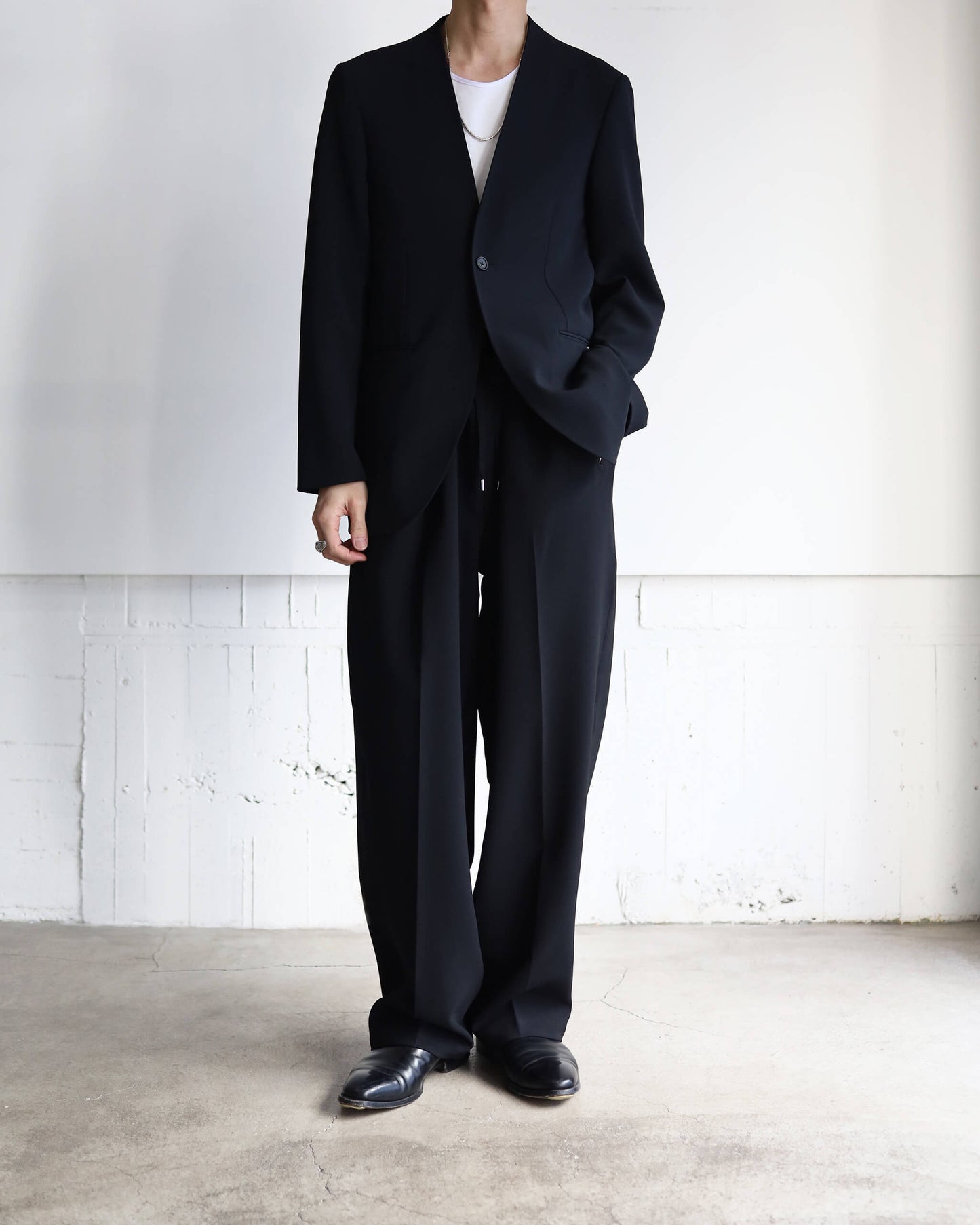 DOUBLE CLOTH NO COLLAR JACKET "BLACK"
