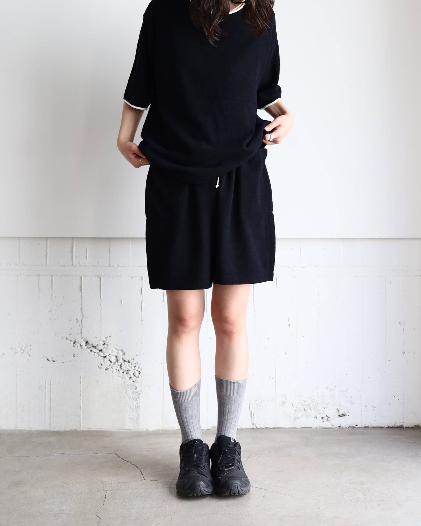 Cotton cashmere pile Half sleeve T "Black"