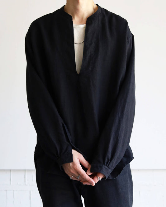 HEAVY LINEN CANVAS STAND COLLAR SKIPPER SHIRT "BLACK"