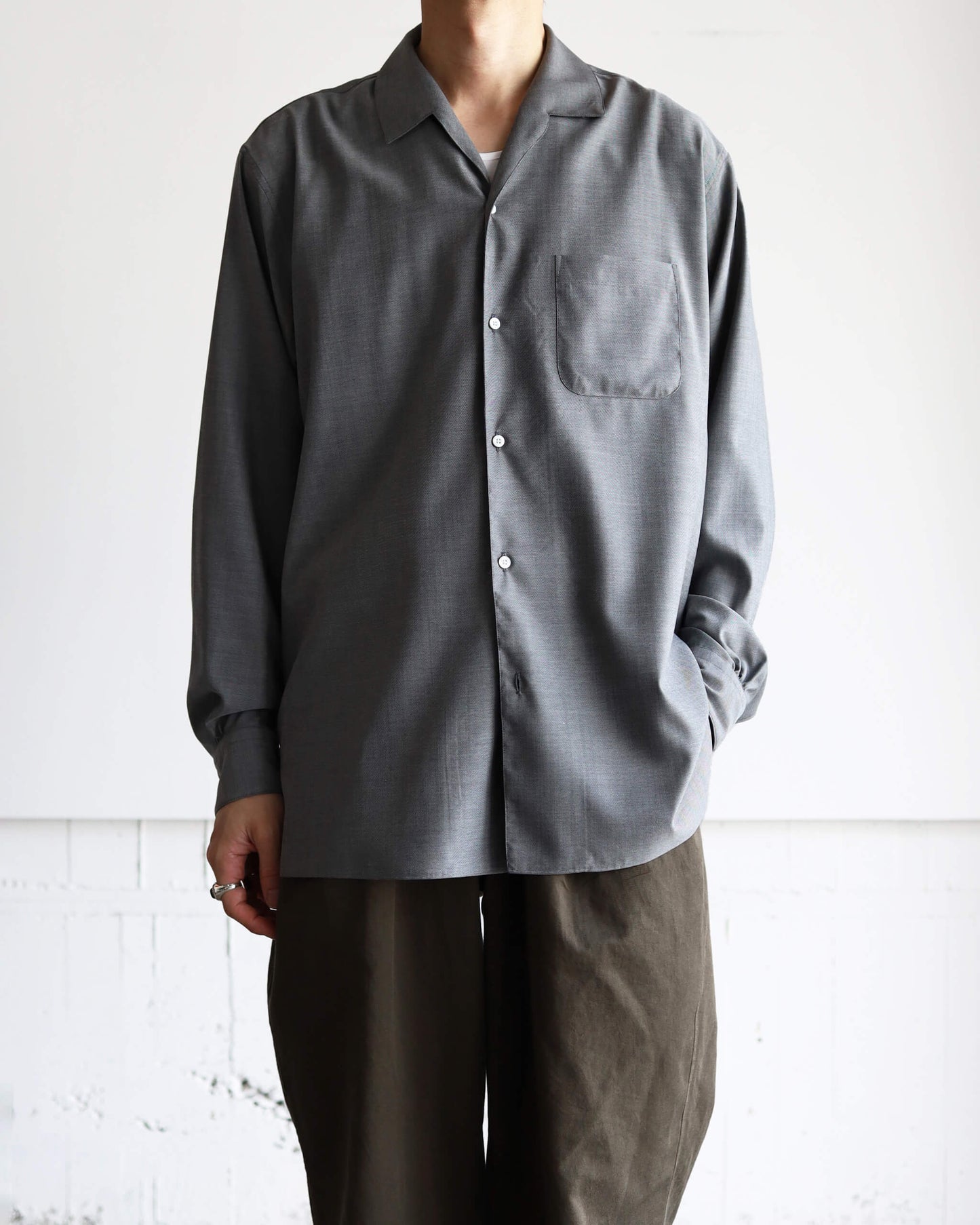 ITALIAN OPEN COLLAR SHIRT SUPER 160's WASHABLE WOOL OXFORD "GRAY"