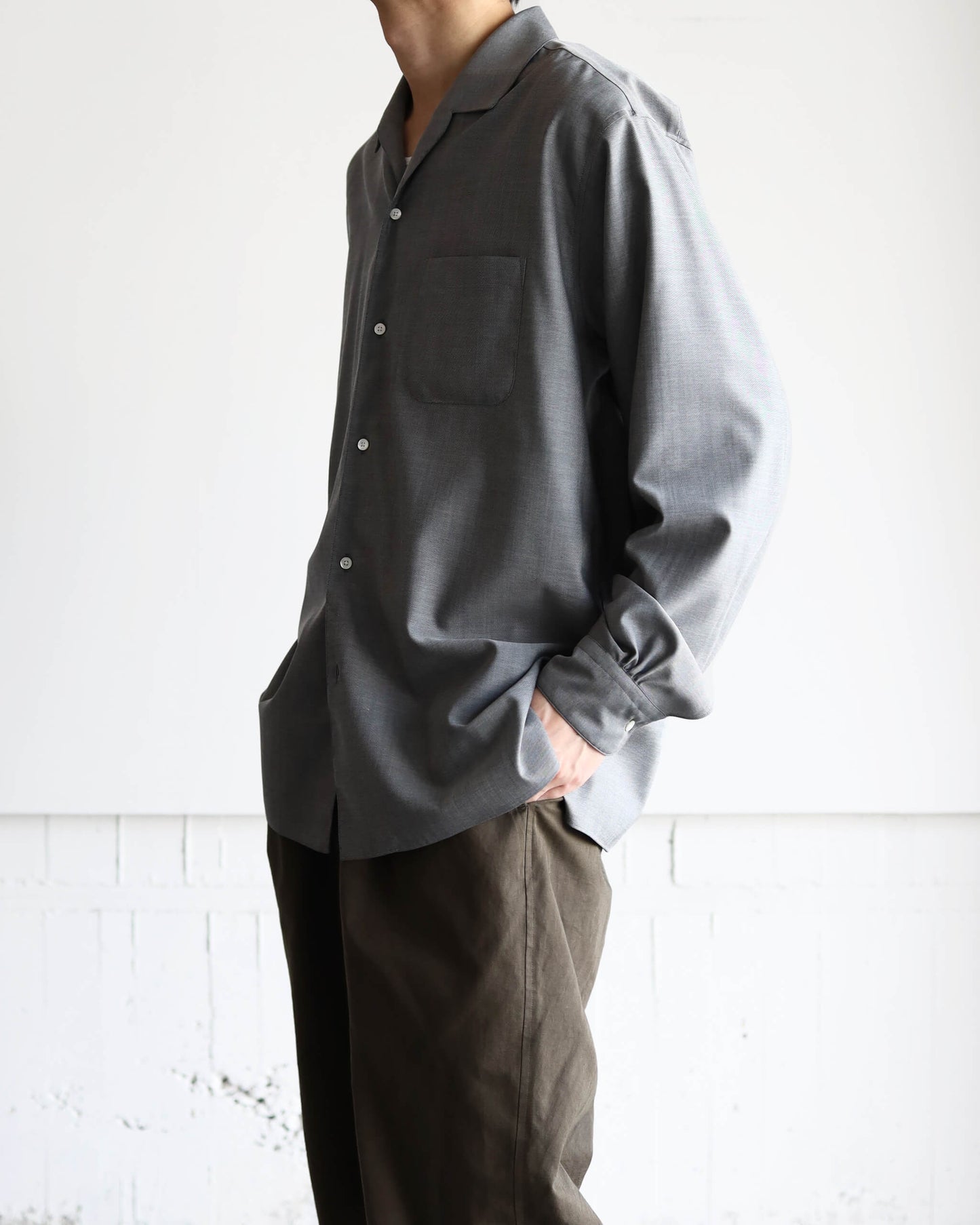 ITALIAN OPEN COLLAR SHIRT SUPER 160's WASHABLE WOOL OXFORD "GRAY"