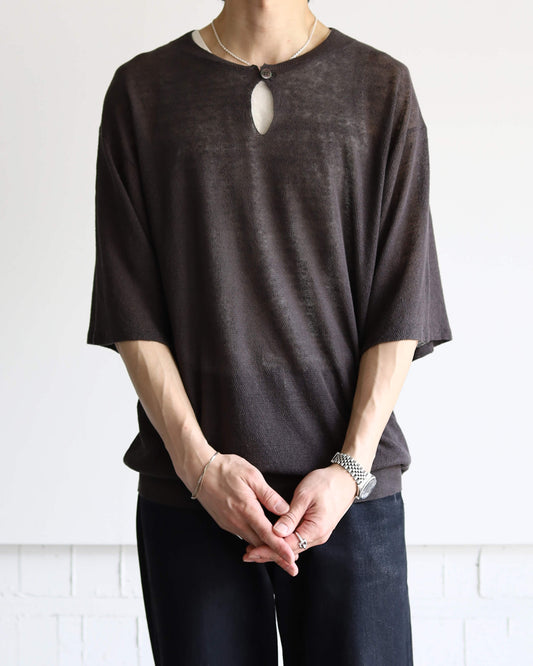 French linen One-button crew neck sweater "Charcoal"