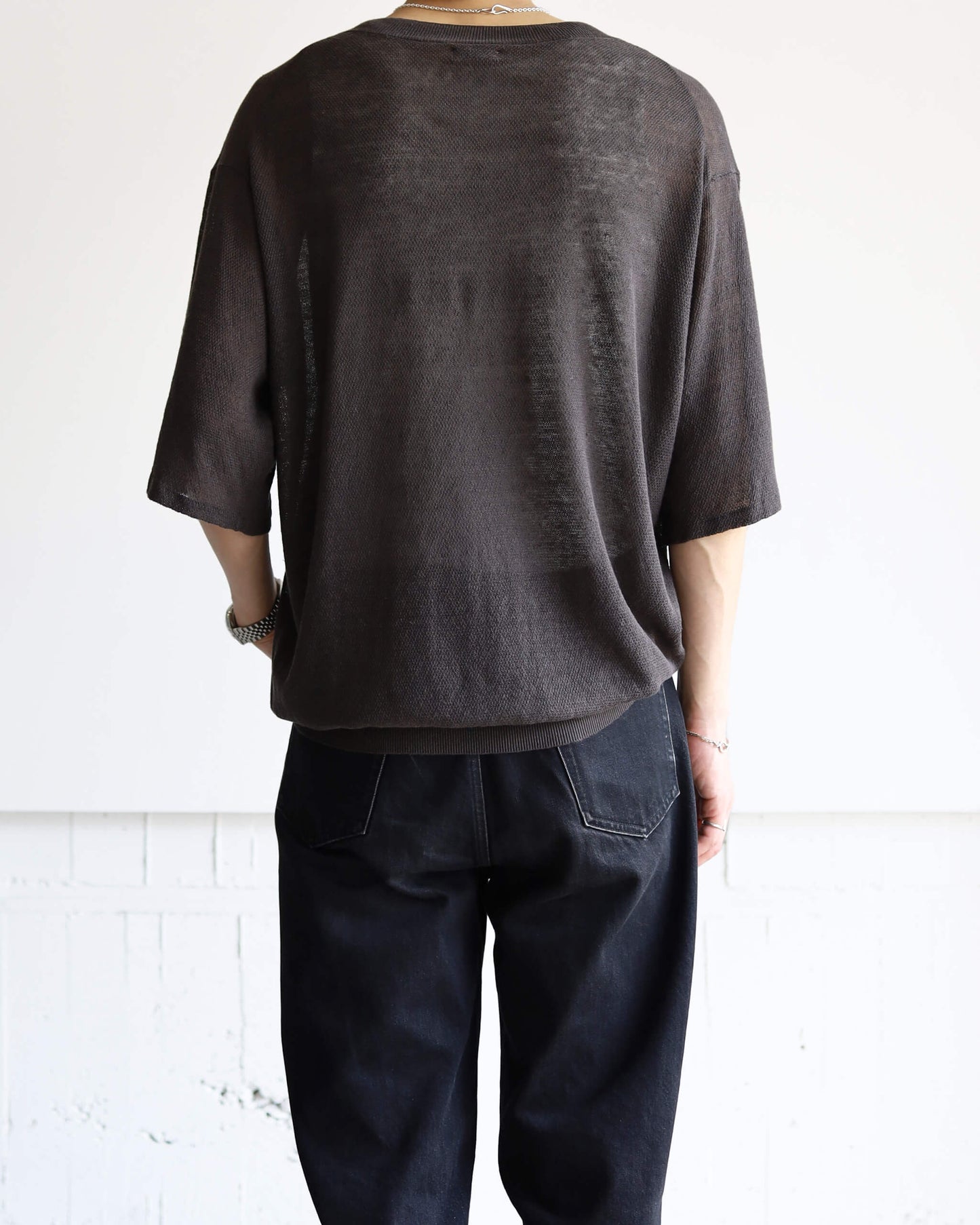 French linen One-button crew neck sweater "Charcoal"