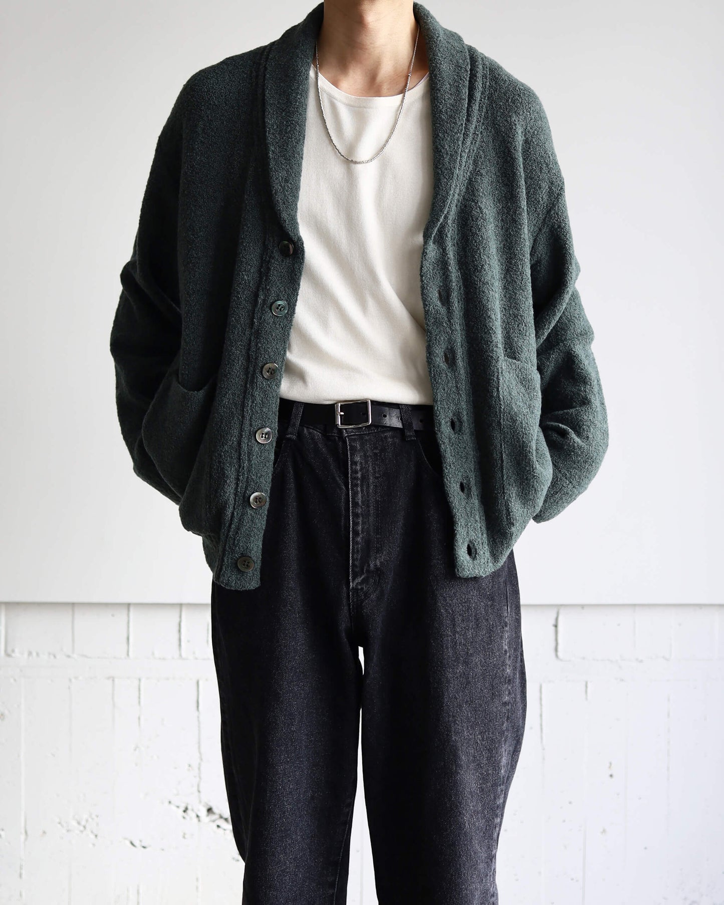 Wool boucle Shawl collar cardigan "Forest"