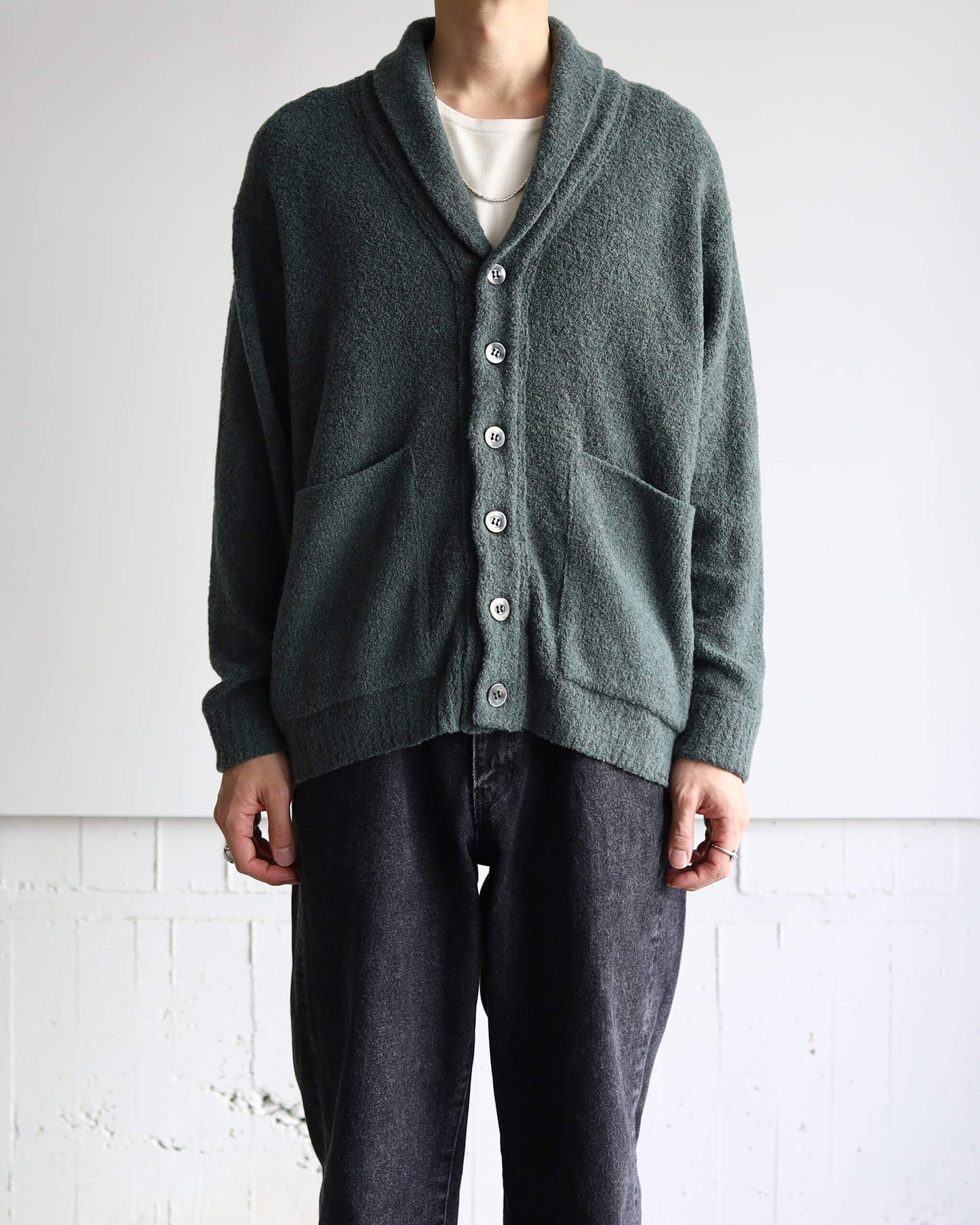 Wool boucle Shawl collar cardigan "Forest"