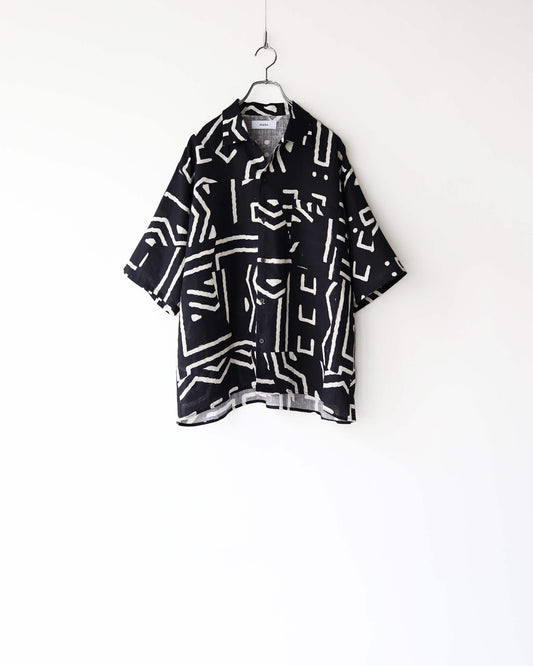 OPEN COLLAR S/S SHIRT LINEN TROPICAL "BLACK×IVORY"