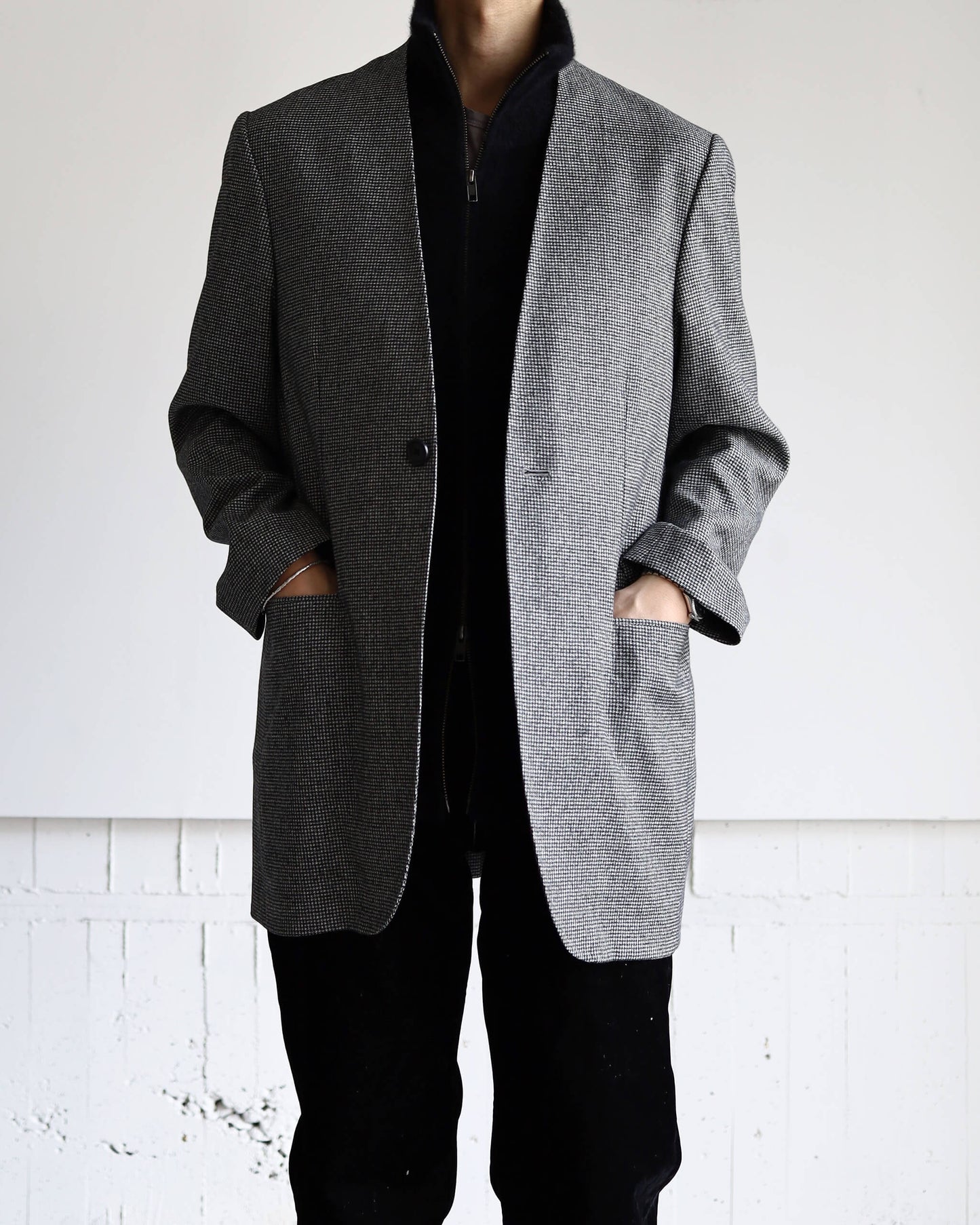 NO COLLAR LONG JACKET "HOUNDSTOOTH"