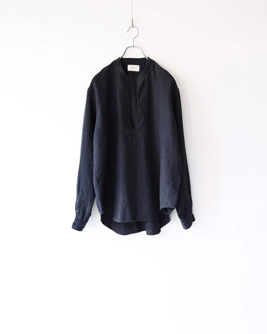 HEAVY LINEN CANVAS STAND COLLAR SKIPPER SHIRT "BLACK"