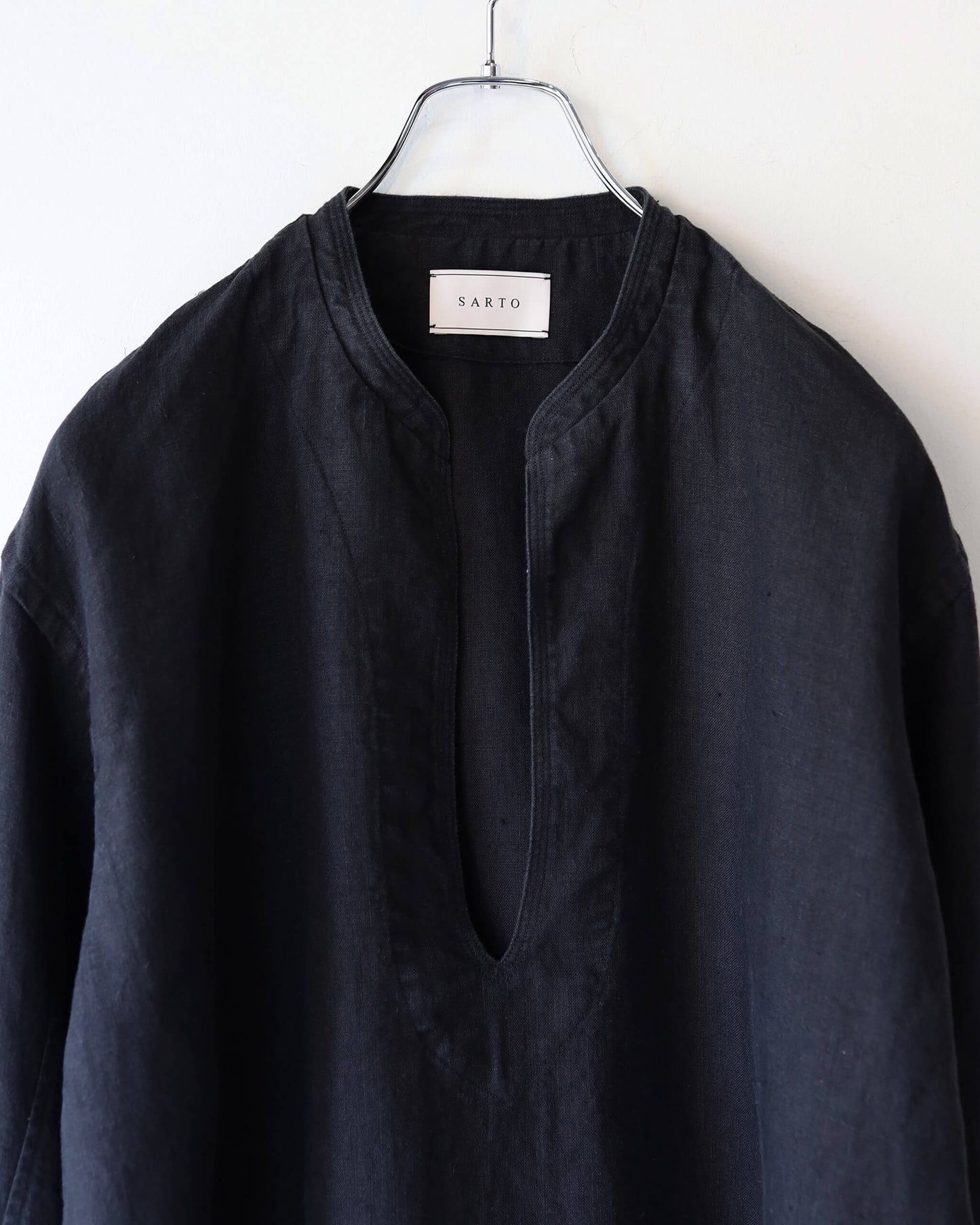 HEAVY LINEN CANVAS STAND COLLAR SKIPPER SHIRT "BLACK"