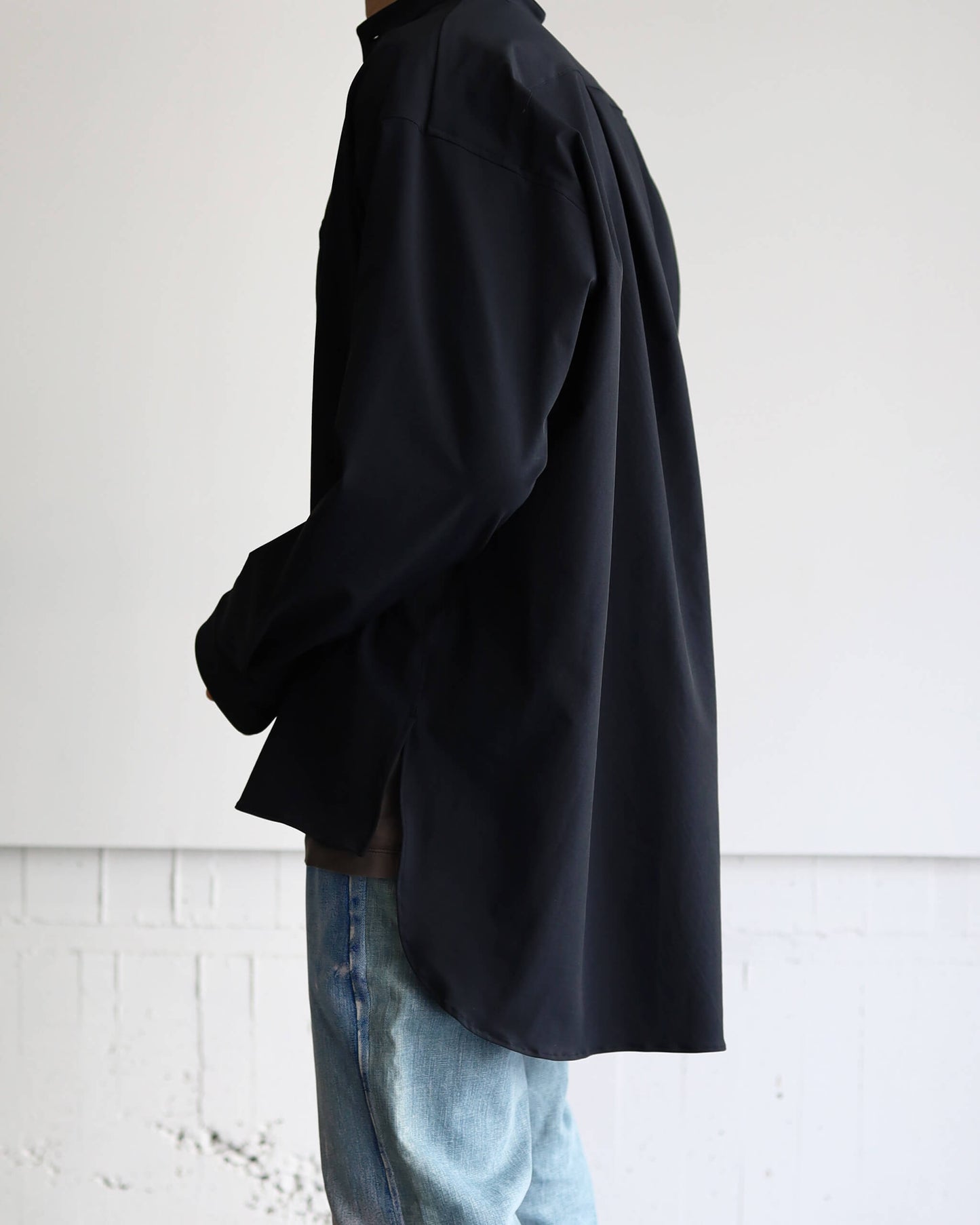[Exclusive] Fully dull stretch - Stand collar shirt "Black"