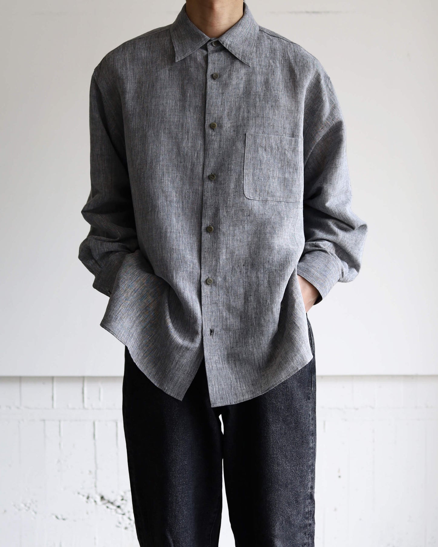 KHADI×LINEN REGULAR COLLAR SHIRT "GRAY"