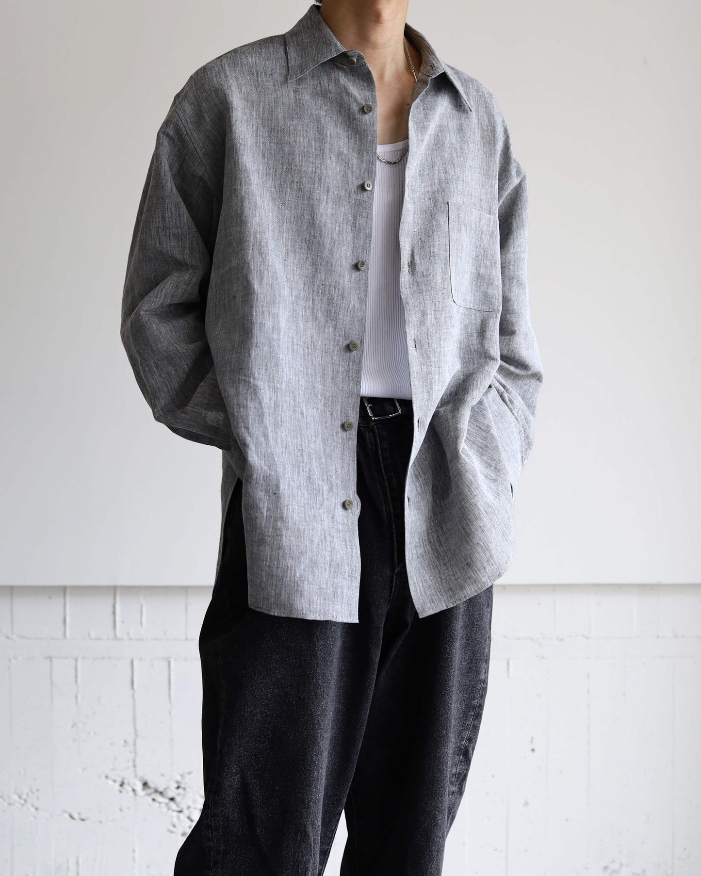 KHADI×LINEN REGULAR COLLAR SHIRT "GRAY"