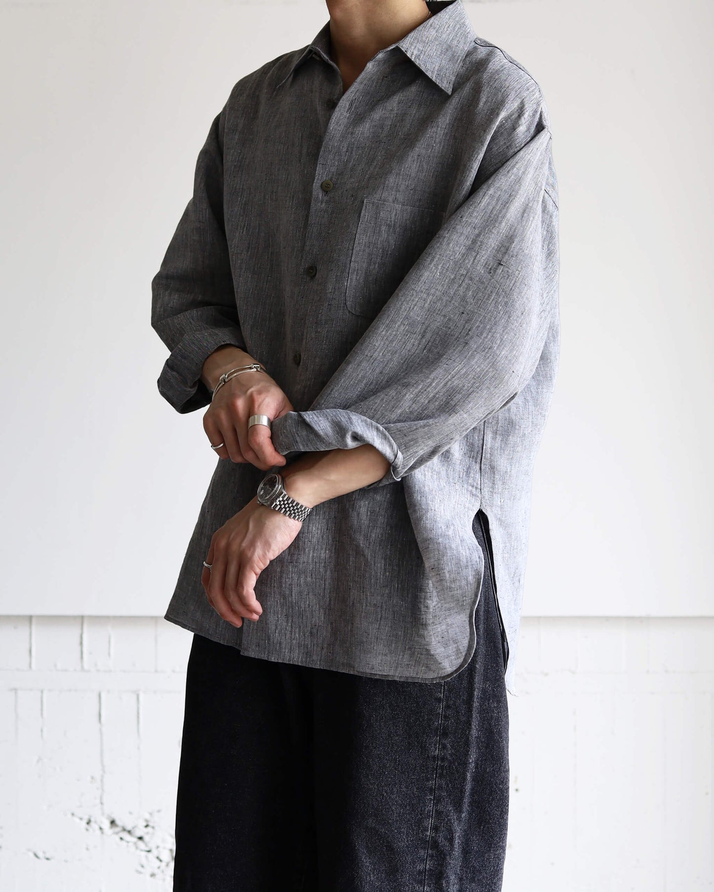KHADI×LINEN REGULAR COLLAR SHIRT "GRAY"