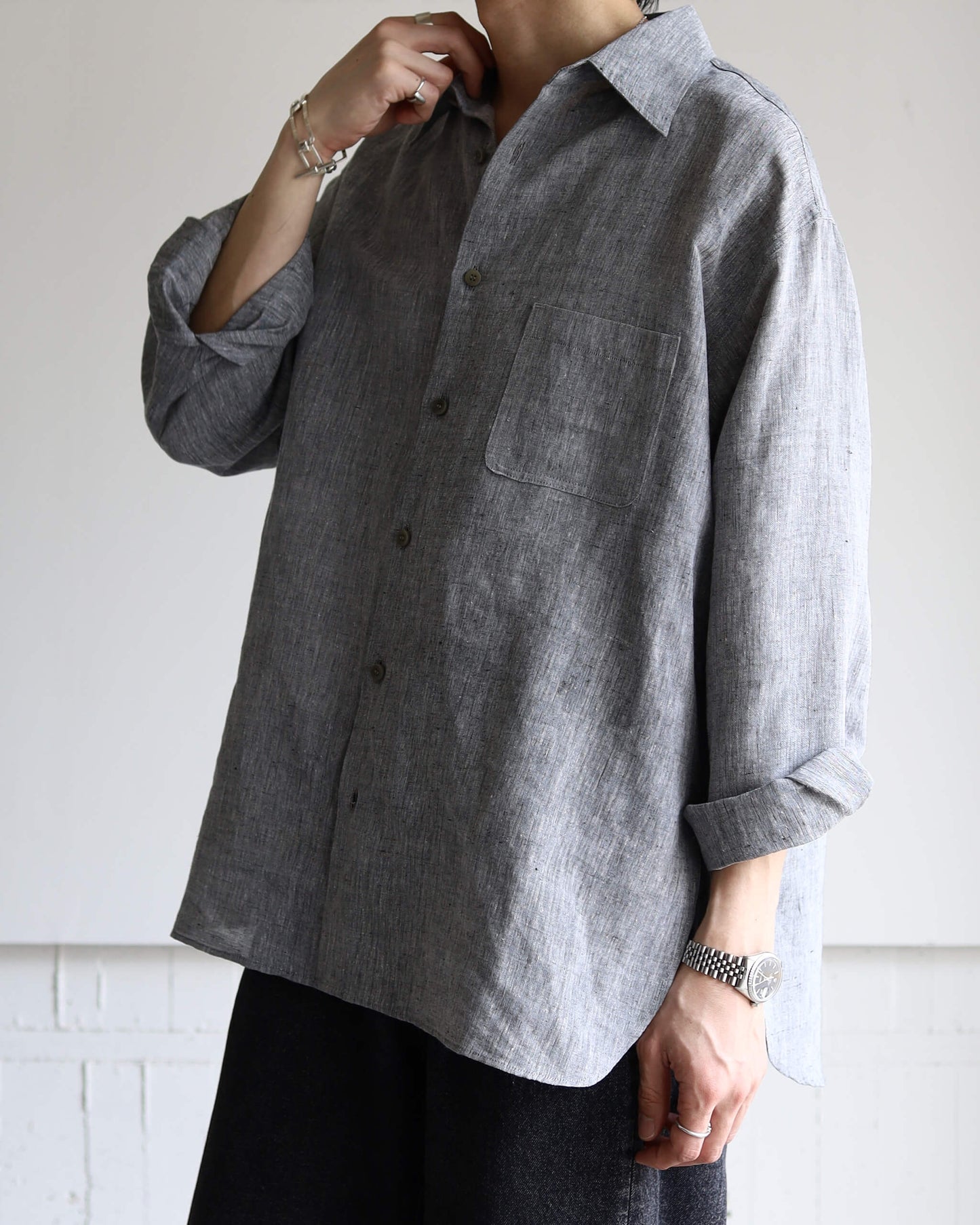 KHADI×LINEN REGULAR COLLAR SHIRT "GRAY"