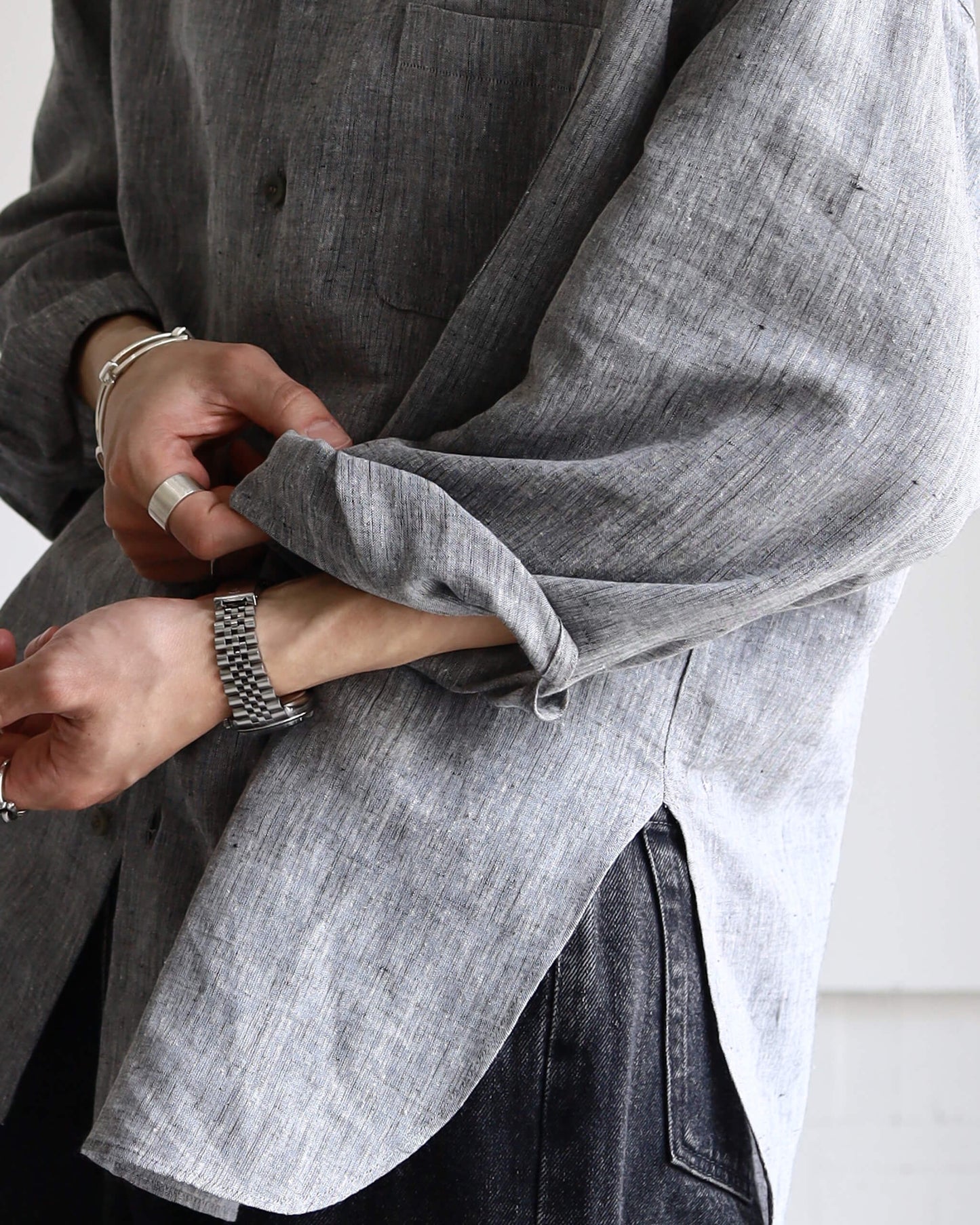 KHADI×LINEN REGULAR COLLAR SHIRT "GRAY"