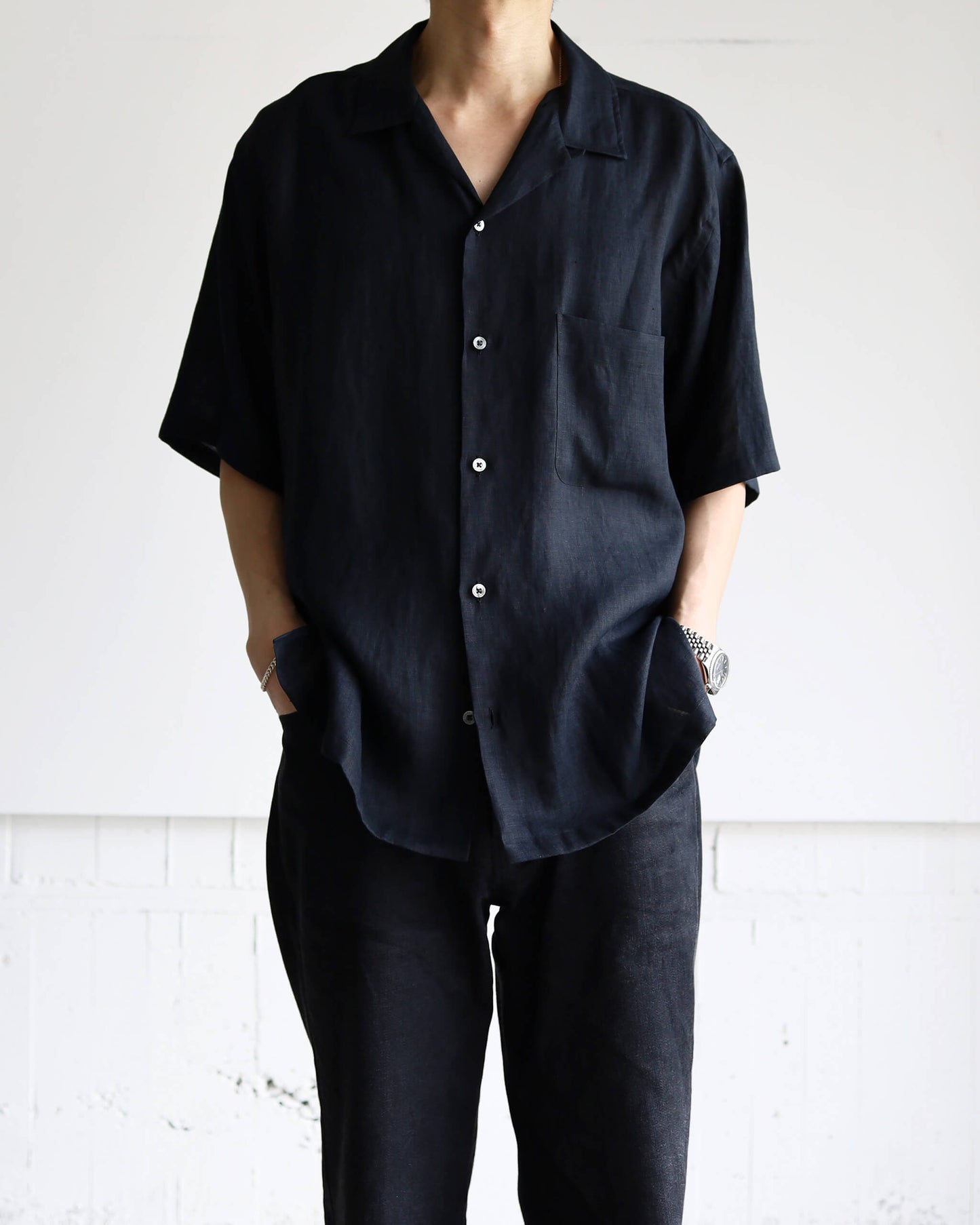 NEW OPEN COLLAR S/S SHIRT HEMP SHIRTING "BLACK"