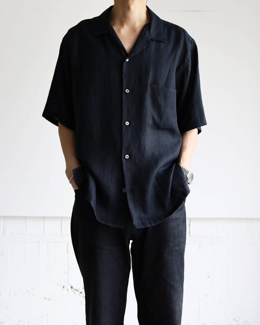 NEW OPEN COLLAR S/S SHIRT HEMP SHIRTING "BLACK"