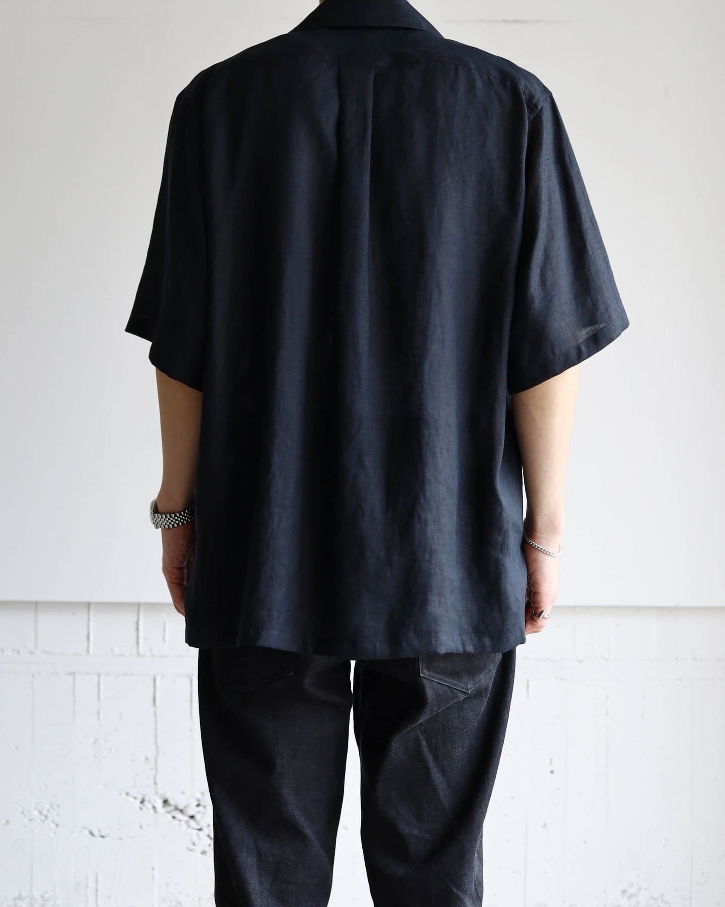 NEW OPEN COLLAR S/S SHIRT HEMP SHIRTING "BLACK"