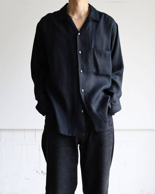 COMFORT FIT OPEN COLLAR SHIRT HEMP SHIRTING "BLACK"