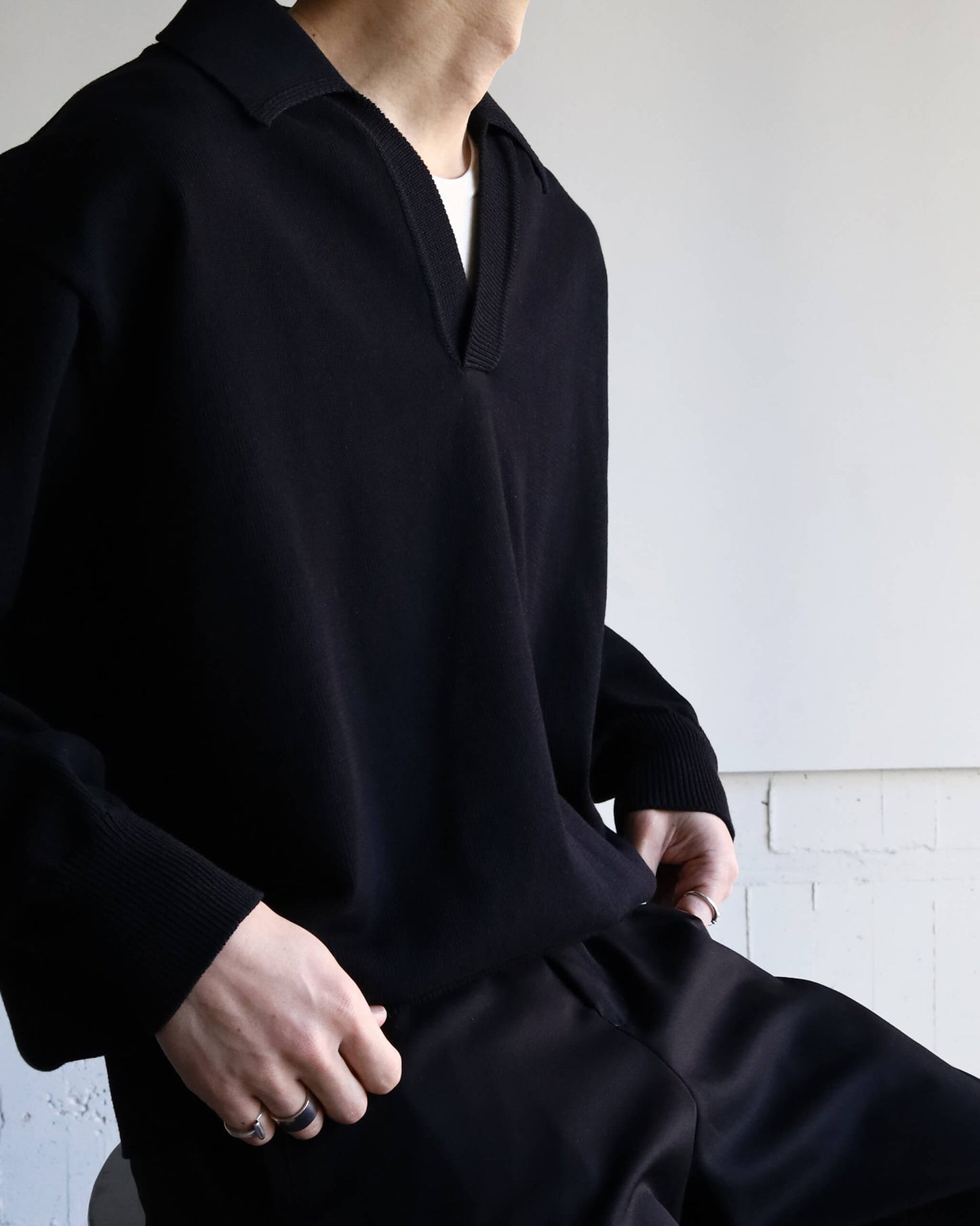 HEAVY KNIT POLO SWEATER "BLACK"