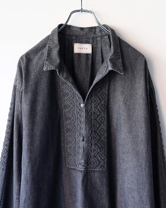 COTTON CHAMBRAY EMBROIDERY SKIPPER SHIRT "WASHED BLACK"