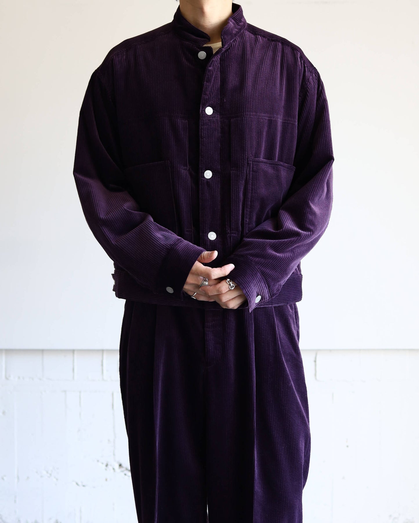 PUFFED MANDARIN COLLAR WORK JACKET ORGANIC COTTON 6-WALE CORDUROY "PURPLE"