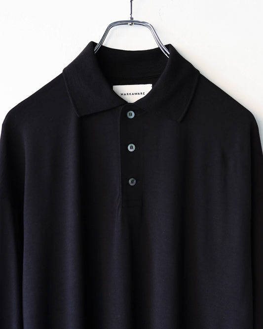 LONG SLEEVE POLO SUPER 160s WOOL WASHABLE KNIT "BLACK"