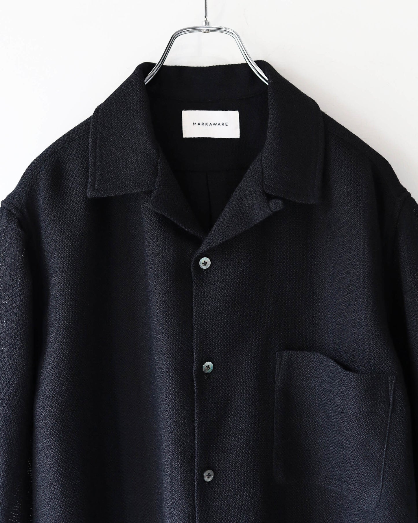 NEW OPEN COLLAR S/S SHIRT ORGANIC WOOL RASCHEL "BLACK"