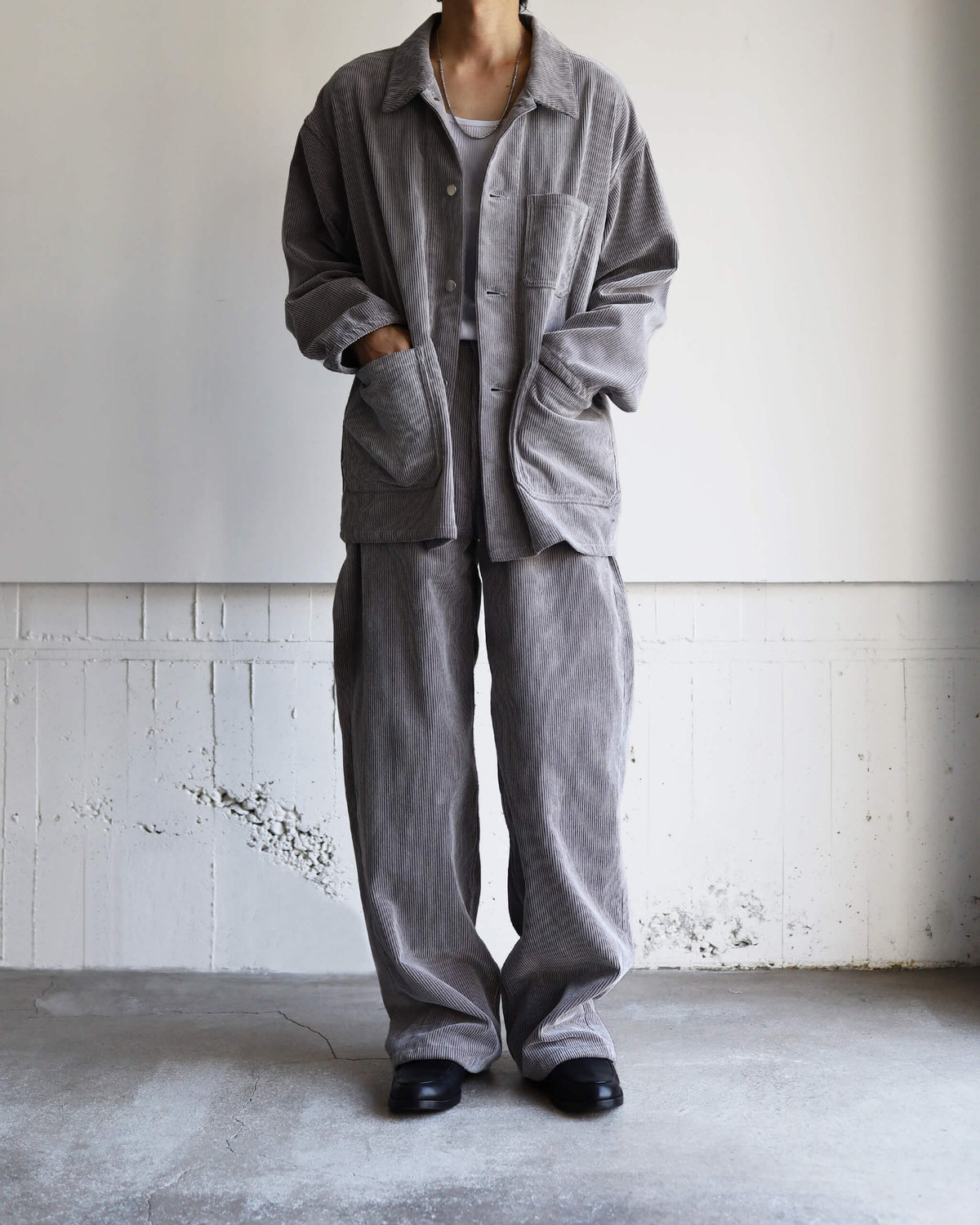 FLOCKY CORDUROY WORK JACKET "GREY × OFF WHITE"