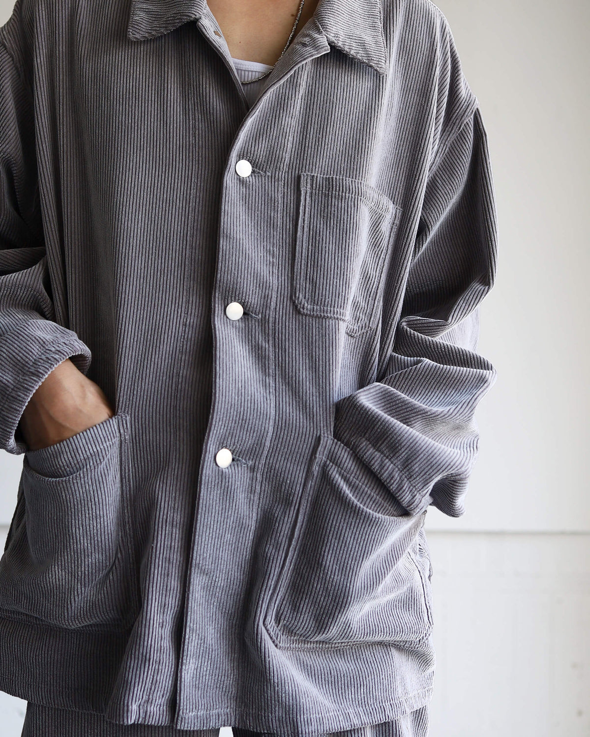 FLOCKY CORDUROY WORK JACKET "GREY × OFF WHITE"