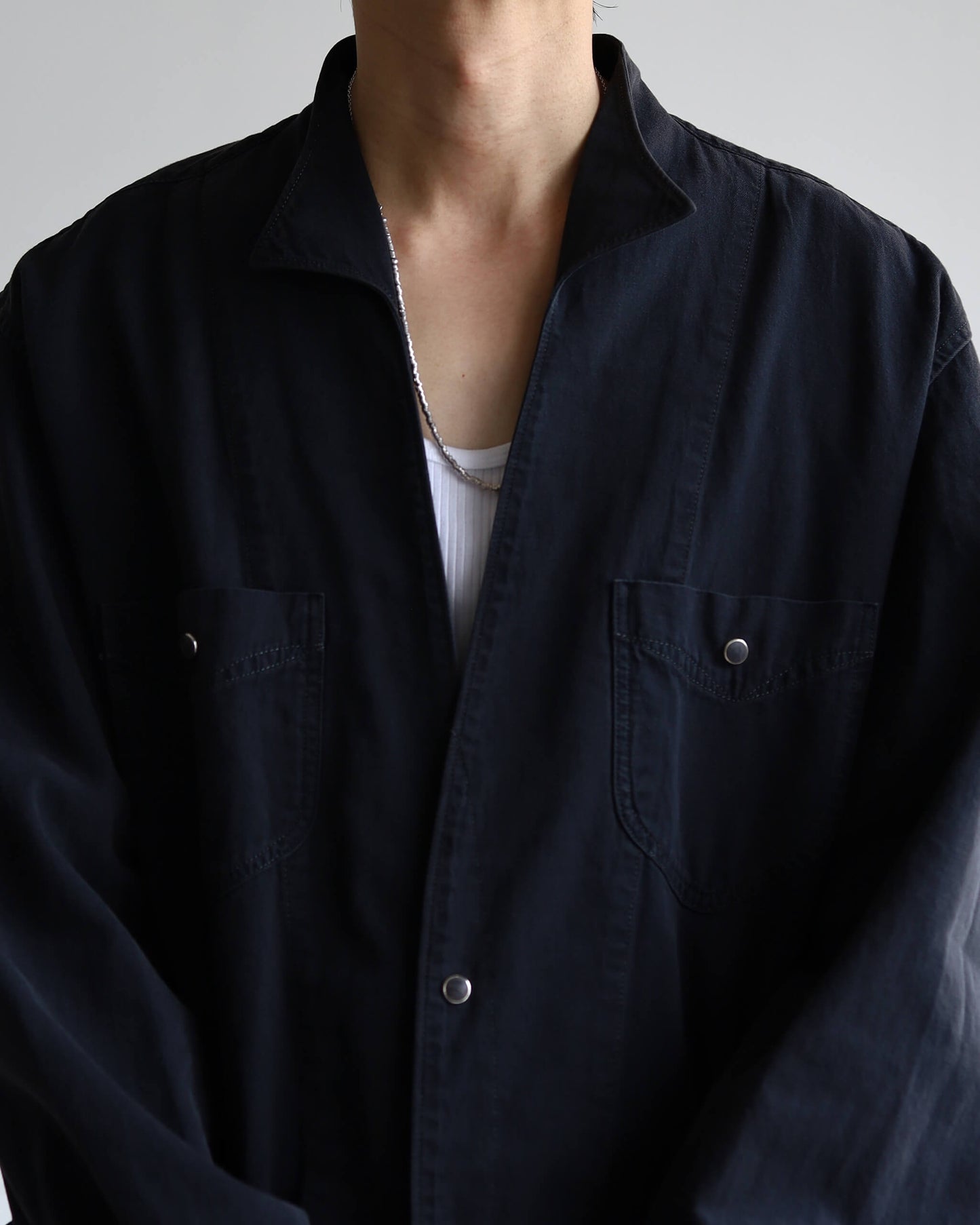 5.5oz selvage DENIM WING COLLAR SHIRT "WASHED BLACK"