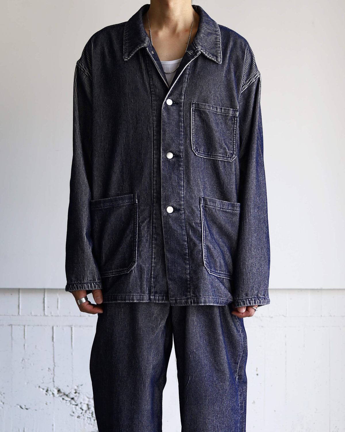 FLOCKY CORDUROY WORK JACKET "LIGHT GREY × NAVY"
