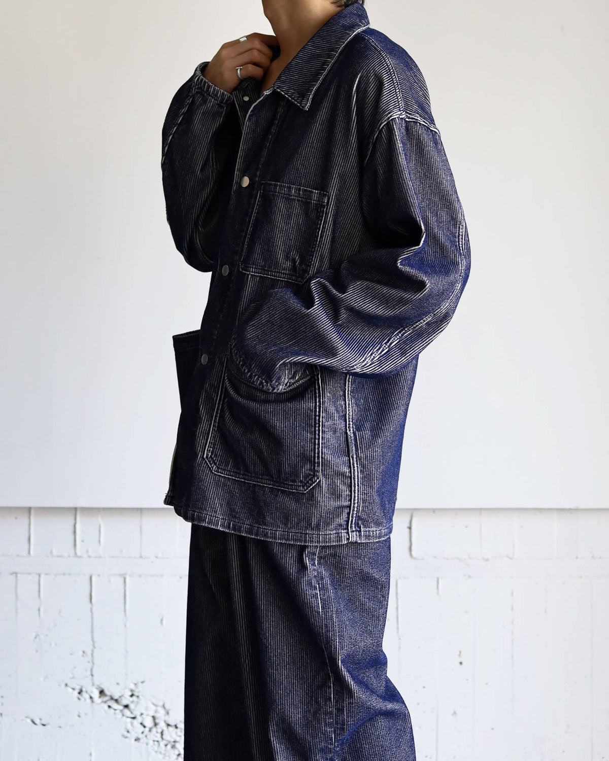 FLOCKY CORDUROY WORK JACKET "LIGHT GREY × NAVY"
