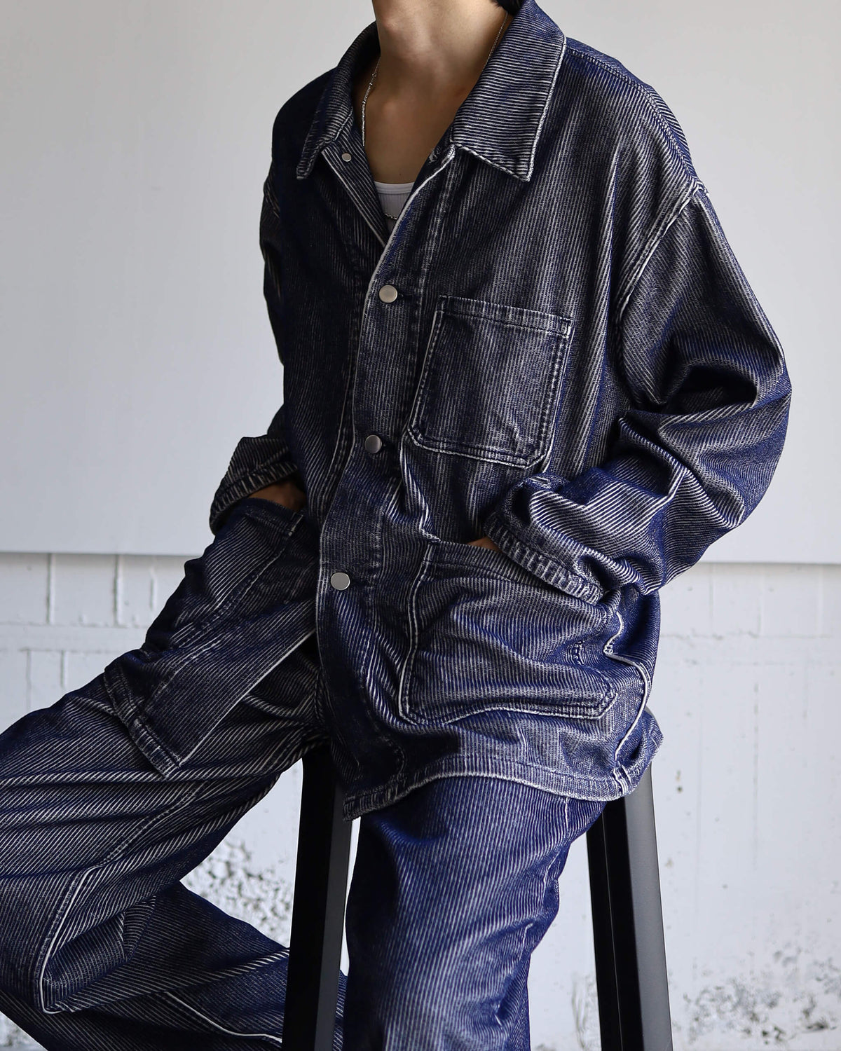 FLOCKY CORDUROY WORK JACKET "LIGHT GREY × NAVY"