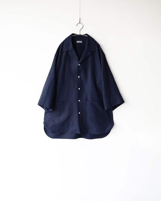High count fine linen - Open collar shirt "Navy blue"