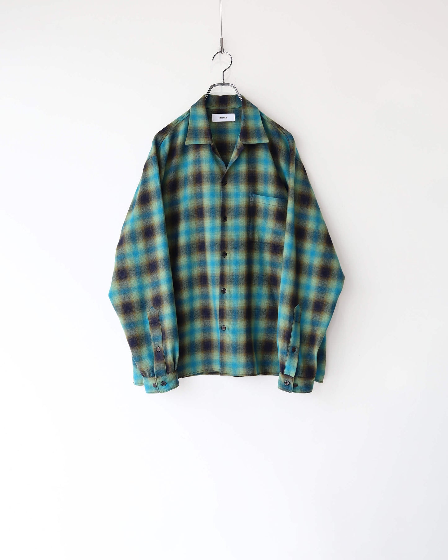 OPEN COLLAR SHIRT SUPER160's 2/96 WOOL VIYELLA "GREEN CHECK"