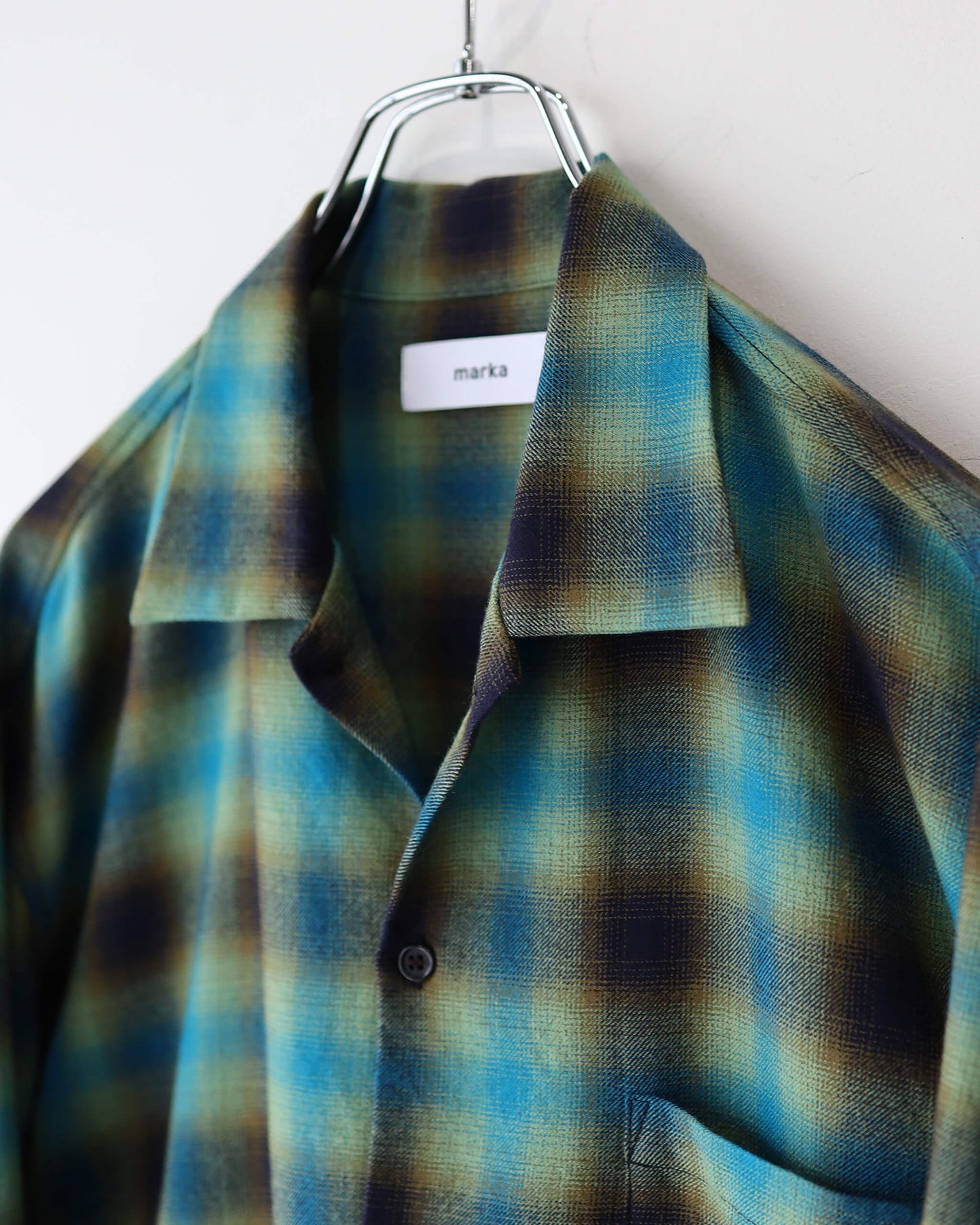 OPEN COLLAR SHIRT SUPER160's 2/96 WOOL VIYELLA "GREEN CHECK"