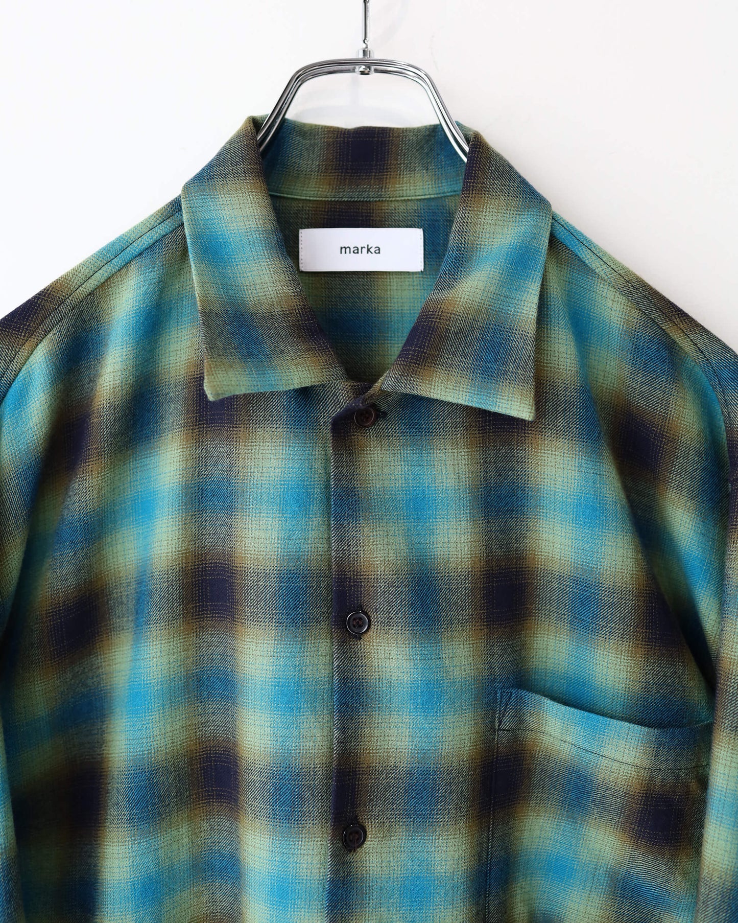 OPEN COLLAR SHIRT SUPER160's 2/96 WOOL VIYELLA "GREEN CHECK"