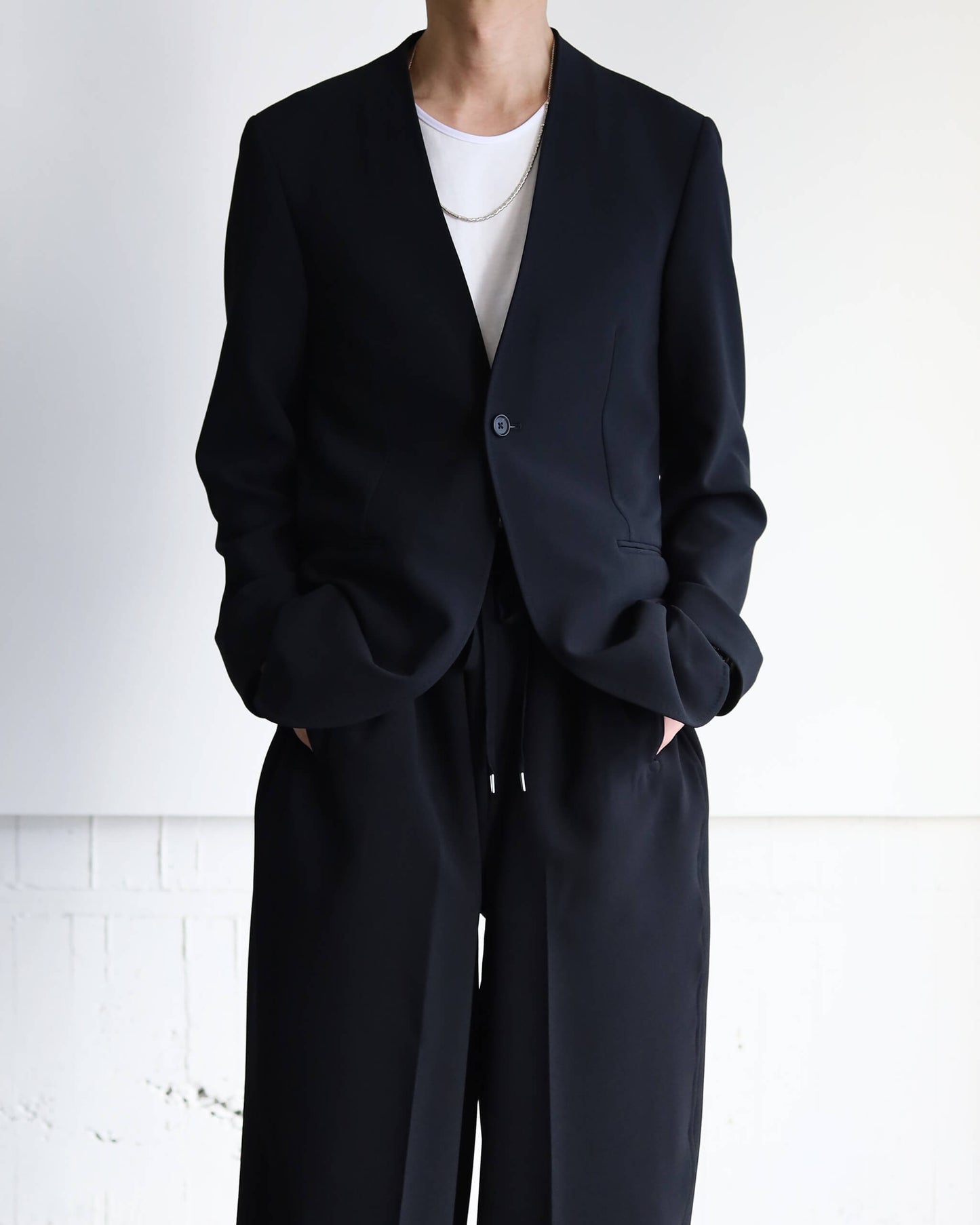 DOUBLE CLOTH NO COLLAR JACKET "BLACK"